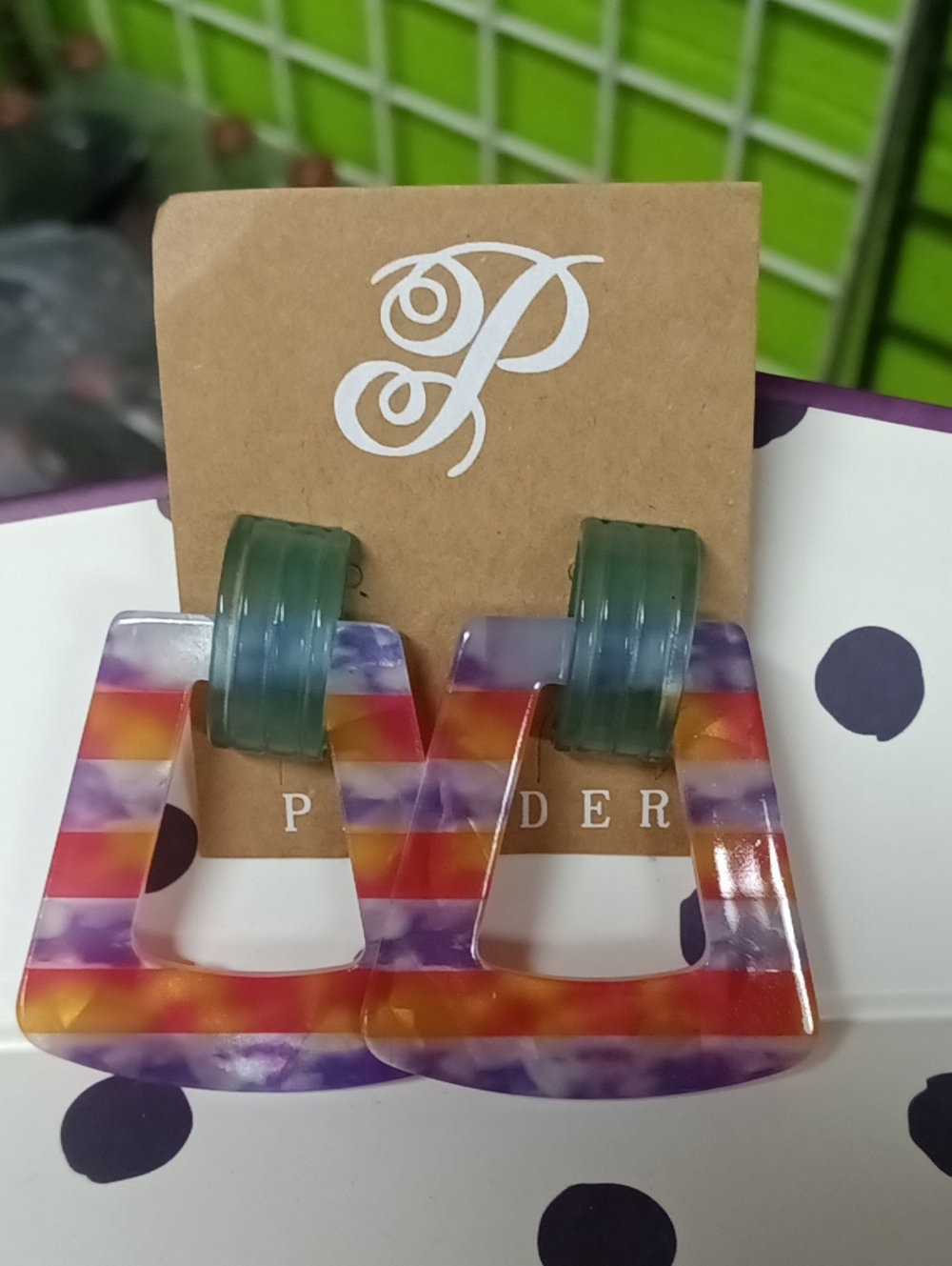 Plunder Green and Multicolor Striped Triangle Drop Earrings